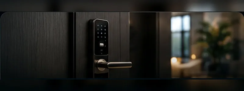 Fechadura digital instalada em porta escura em ambiente residencial premium